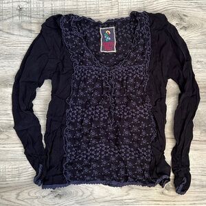 Johnny Was Embroidered Long Sleeve Navy Blue Top